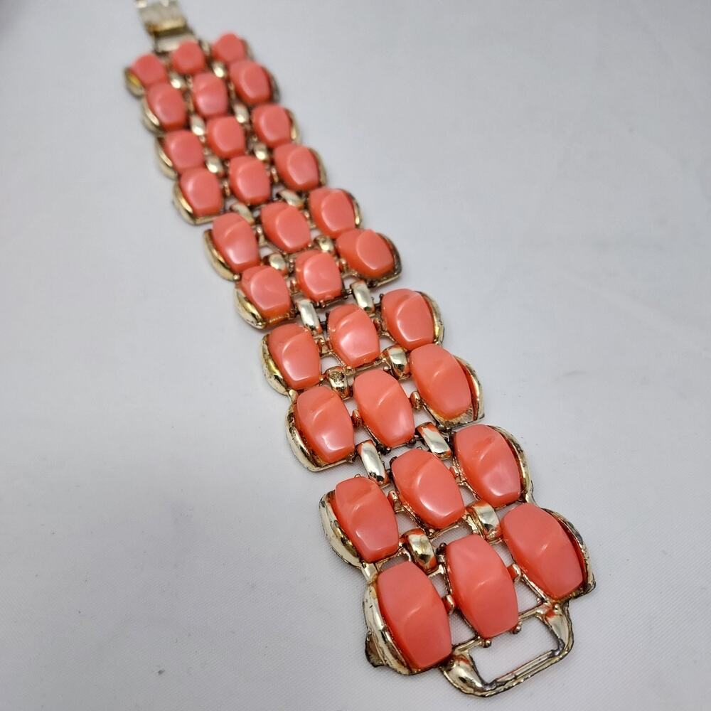 Vintage Thermoset Panel Bracelet Pumpkin Orange Gold Tone Foldover 7.5" L 1.4" W